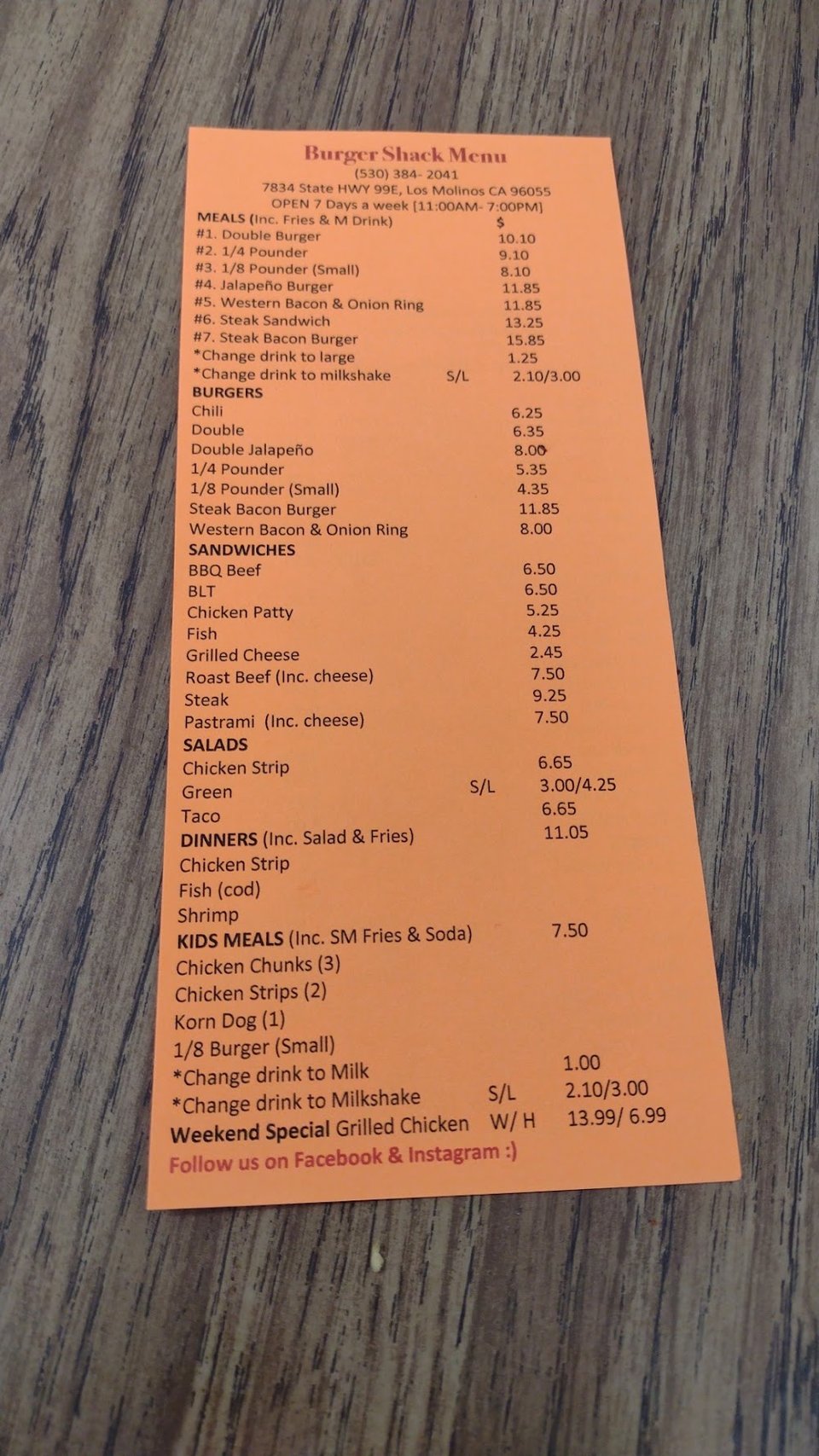 Printed menu with quick bites and desserts.