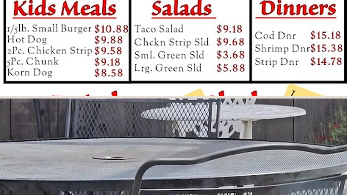 Outdoor seating beside a highway-side restaurant.